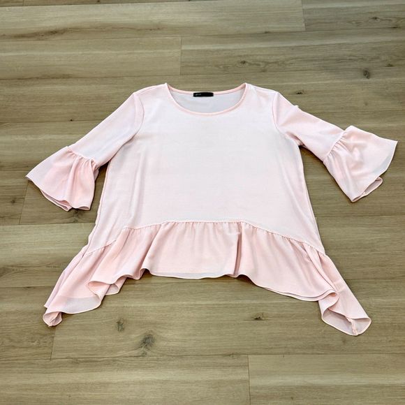 Gibson Blush Pink Ruffle 3/4 Sleeve Flutter Top - Women's Size M - Picture 2 of 6